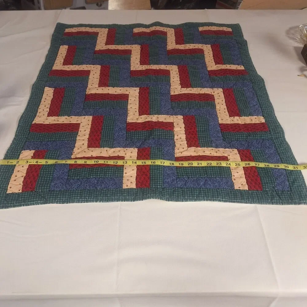 Handmade Quilted Patchwork Rail Fence Baby Blanket Red Blue Crib Throw 31 X 35